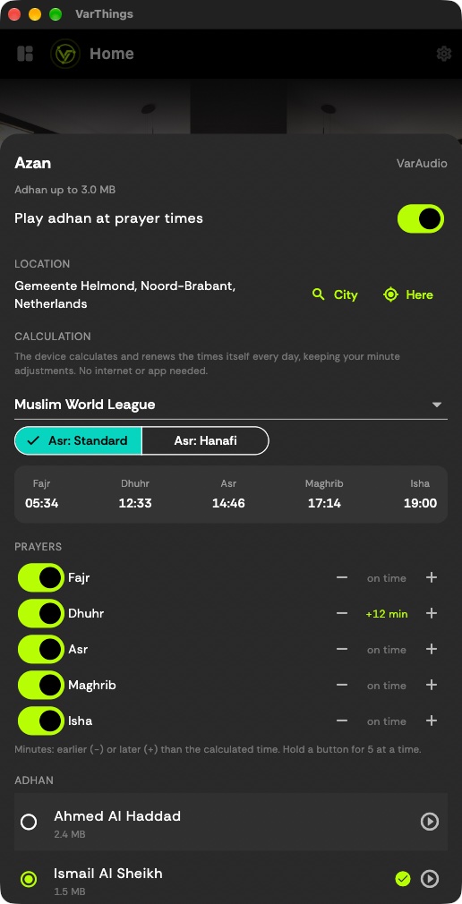 Azan settings with prayer times and adhan choice
