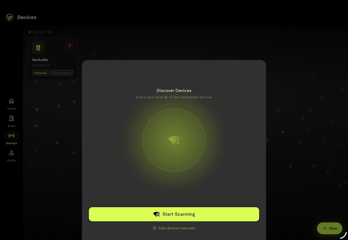 VarThings — Discover Devices screen showing network scan with Start Scanning button